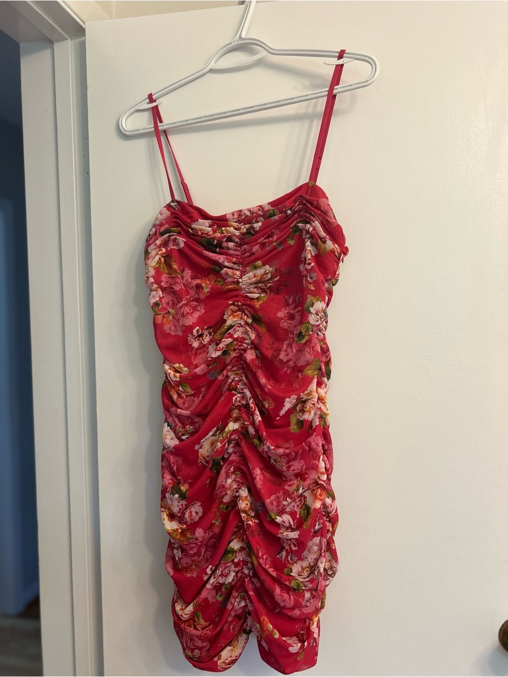 L'AGENCE Pink-Red Floral Ruched Slip Mini Dress